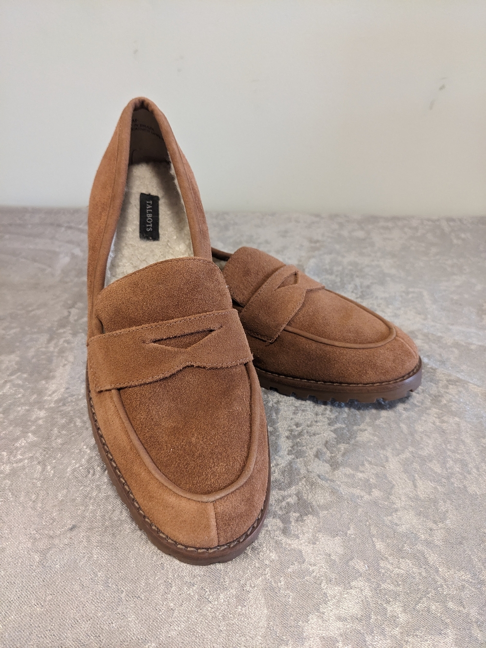Talbots Brown Suede Sherpa Lined Lug Sole Penny Loafers Size 7M